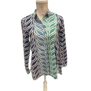 Roberta Roller Rabbit Blue/ Green Leaf Print Long Sleeve Button-Down Shirt XS
